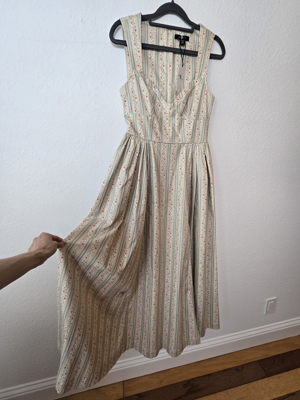 7 For All Mankind Cream Midi Dress with Pink Floral Stripe Accents - Picture 5 of 8